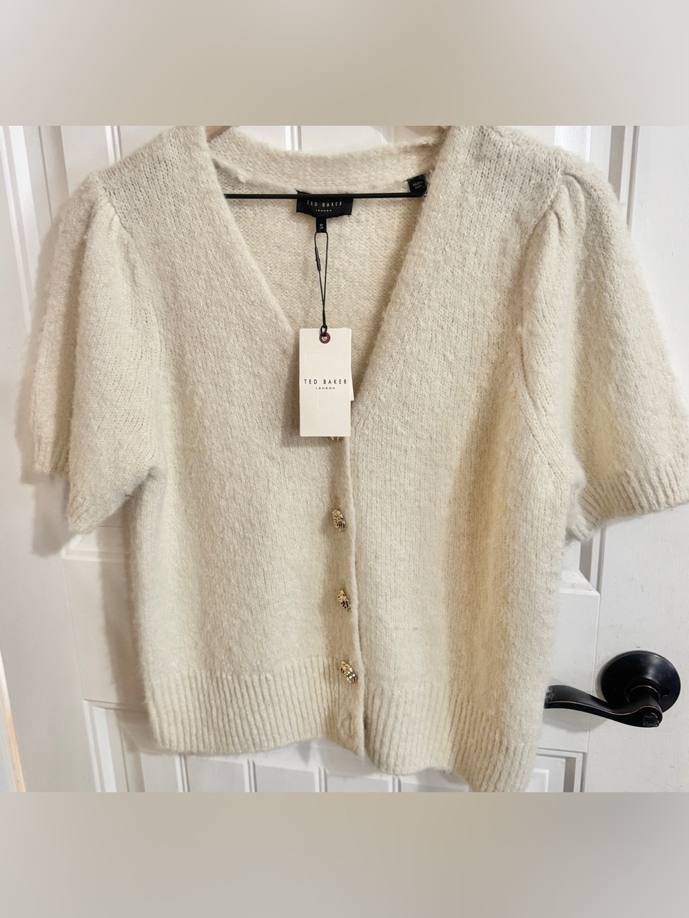 Ted Baker London Wool Blend Short Sleeve Cardigan Cream Rose Button NWT